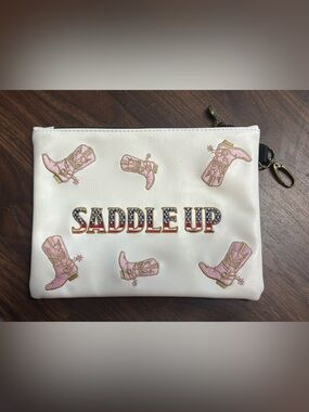 White Wristlet Clutch with Pink Boot Embroidery - Saddle Up Accent